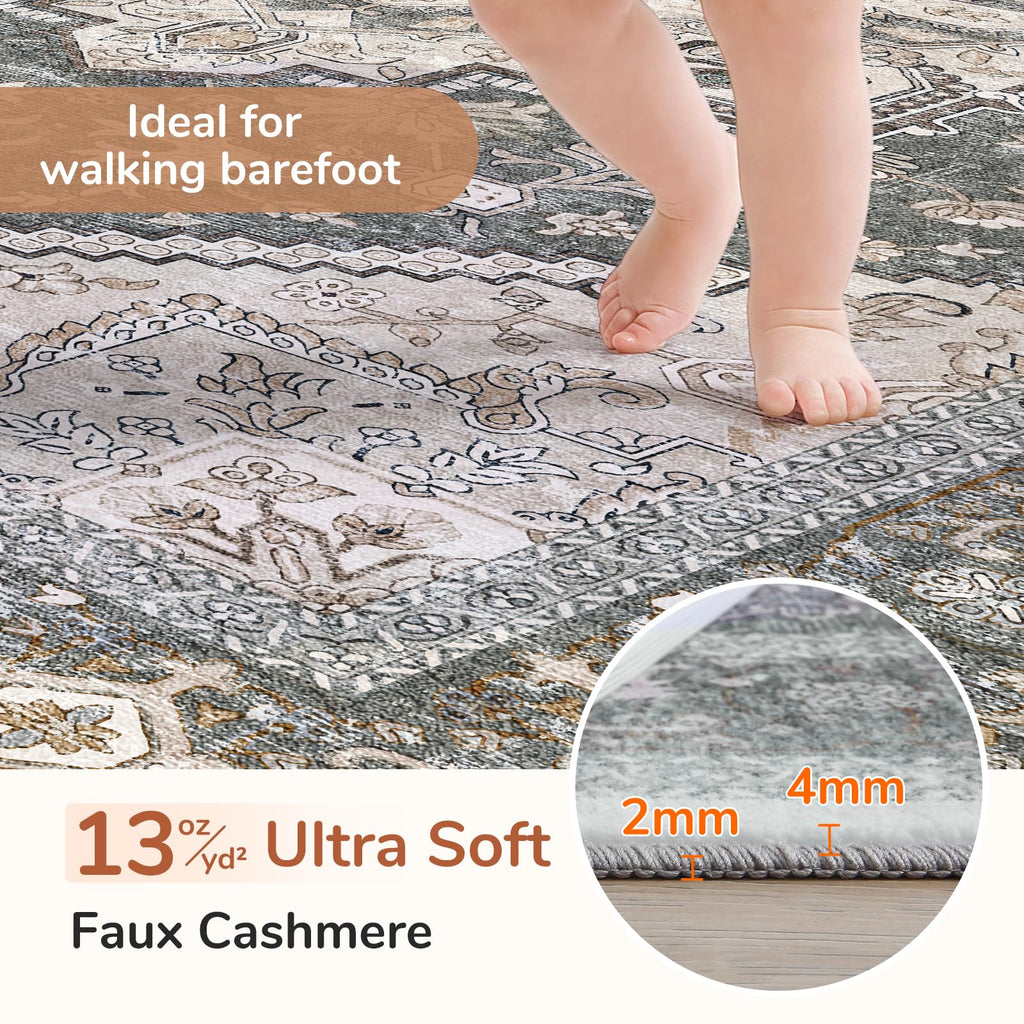OPPODREAM Soft Area Rugs 2x10, Persian-Inspired Washable Rug, Greenish Grey