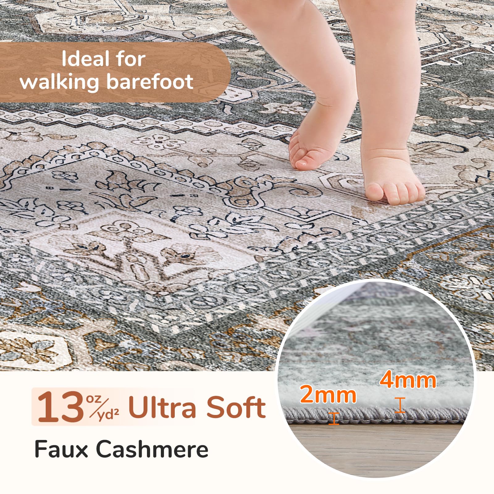 OPPODREAM Soft Area Rugs 2x10, Persian-Inspired Washable Rug, Greenish Grey