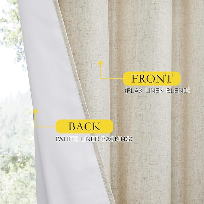 NICETOWN 100% Blackout Natural Linen Curtains 95 inches Length for Dining Room, 2 Panels Set, 62" Wide, Farmhouse Style Room Cooling Window Draperies with Thermal Insulated Liners