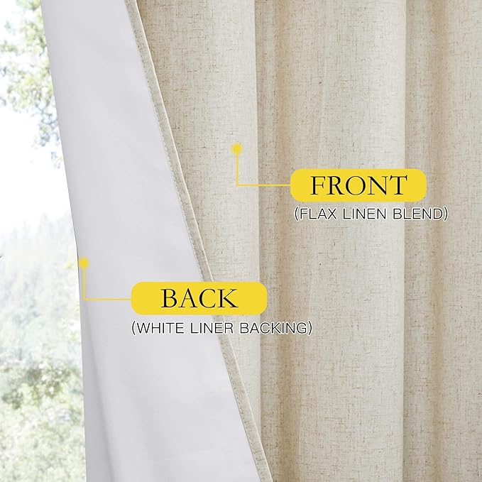 NICETOWN Natural Full Blackout Boho-Chic Linen Curtains 84 inch Long 2 Panels Set for Cafe Window, 42 inch Wide, Thick Linen Blend Drapes, Insulated Window Covers Draperies with White Backing