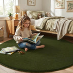 Amearea Olive Green Round Area Rugs 5ft Washable Circle Rugs for Bedroom Living Room, Fluffy Indoor Thickened Memory Foam Rug, Non Slip Minimalist Circular Carpet for Kids Boy Girl Dorm Nursery Room