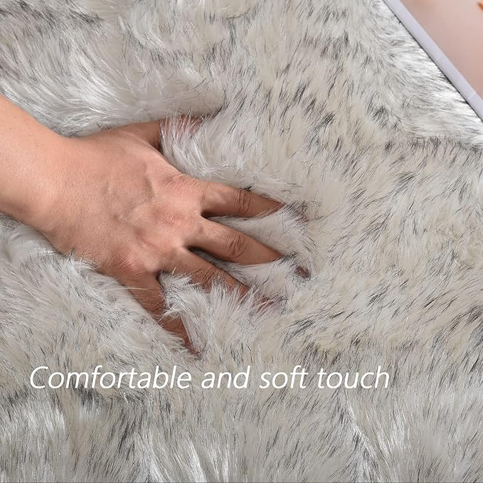 Latepis Circle Rugs 6.7ft for Living Room White with Grey Tips Faux Sheepskin Fur Round Rugs for Bedroom Fluffy Washable Rug Cute Home Décor
