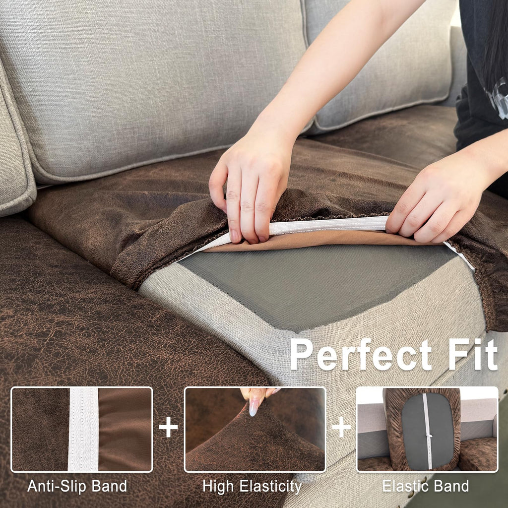 ANARACHON Leather Look Couch Cushion Covers Sofa Seat Slipcovers Sets Couches Furniture Protector for Sectional Armchair Loveseat Pets Kids Stretch Spandex Fabric (3 Cushion XL Sofa, Dark Brown)
