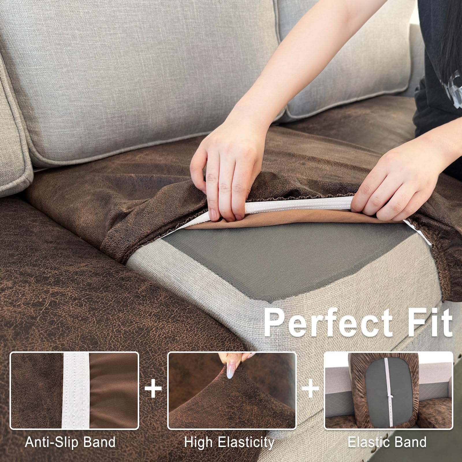 ANARACHON Leather Look Couch Cushion Covers Sofa Seat Slipcovers Sets Couches Furniture Protector for Sectional Armchair Loveseat Pets Kids Stretch Spandex Fabric (3 Cushion XL Sofa, Dark Brown)
