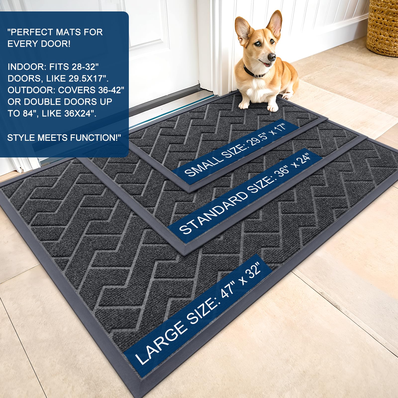 OLANLY Front Door Mat Outside 47x23, All-Season Absorbent Rubber Doormat
