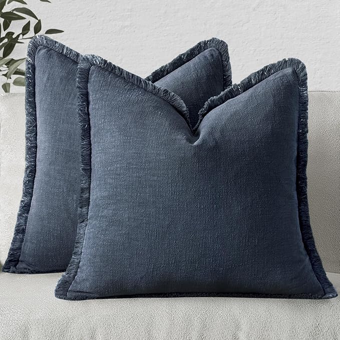 MIULEE Linen Fringe Decorative Euro Throw Pillow Covers Indigo Blue 26x26