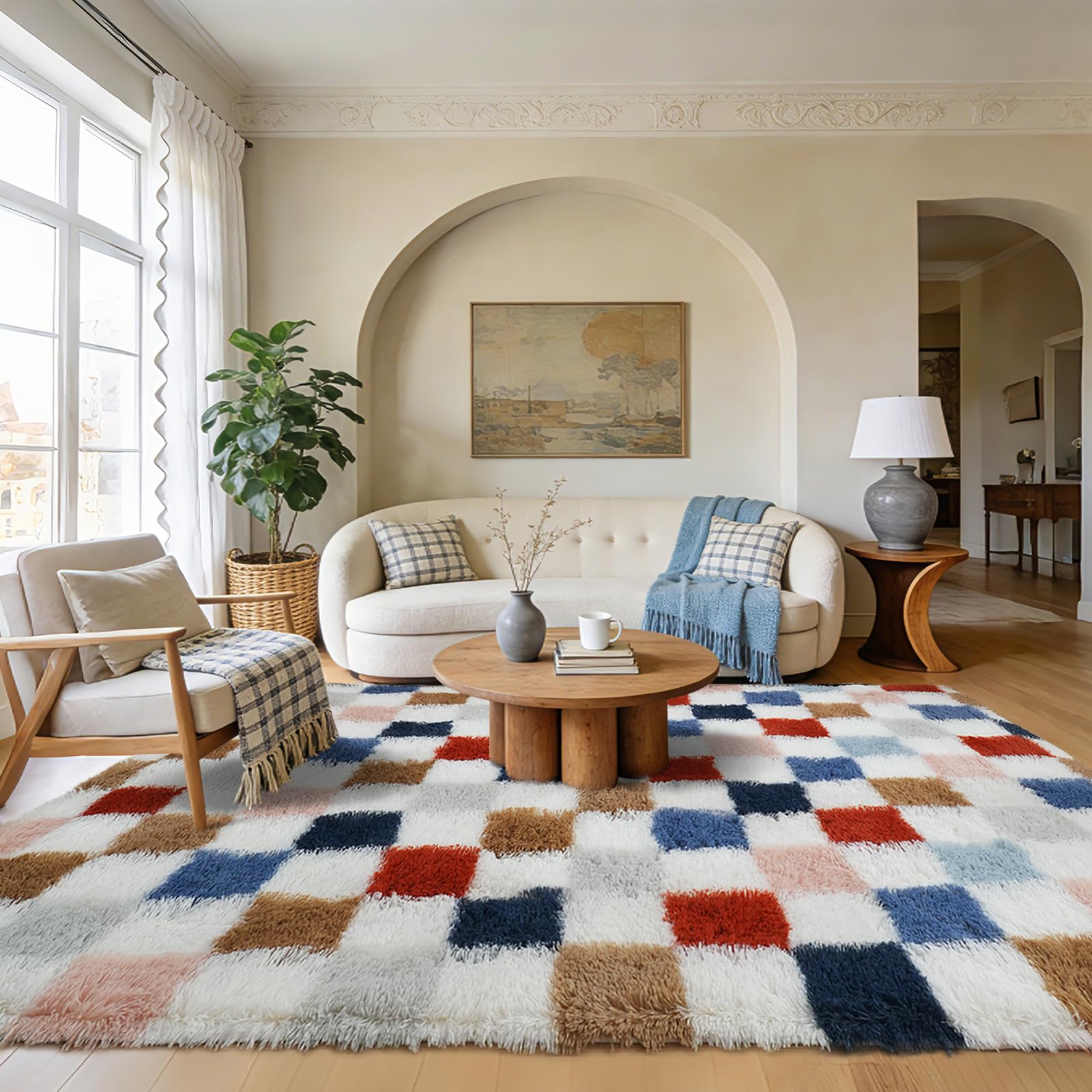 Shag Area Rug for Bedroom Living Room,6x9 Fluffy Soft Colorful Checkered Rug Fuzzy Shaggy Bedroom Carpet,Indoor Plush Floor Rugs for Teen Dorm Home Decor