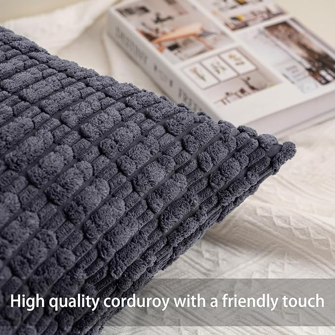 Pack of 2 Corduroy Decorative Throw Pillow Covers 24x24 Inch, Dark Grey
