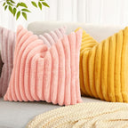 decorUhome Summer Cozy Faux Fur Throw Pillow Covers 12x20 Set of 2 Decorative Plush Striped Lumbar Modern Farmhouse Boho Couch Pillow Cases with Velvet Back for Sofa Bed Living Room, Blush Pink