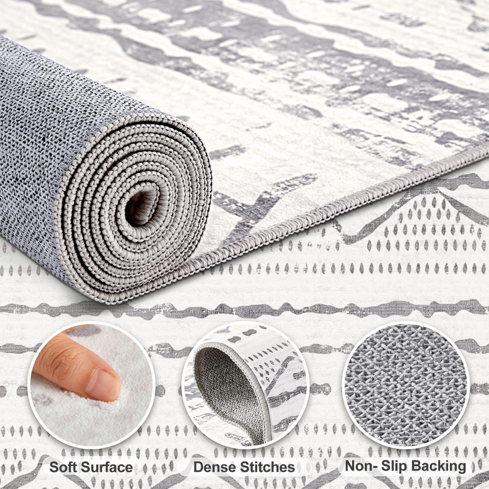 Nakagishi Area Rugs 9x12 Living Room: Washable Boho Large Neutral Modern Soft Farmhouse Rug Stain Resistant Indoor Non-Slip Accent Carpet for Bedroom Nursery Kids Playroom Office Dining Room- Gray