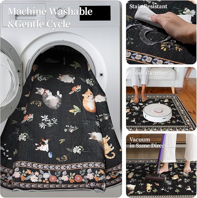 2x5 Washable Kitchen Runner Rug - Soft Low Pile Floral Animal Cat Print Rugs with Non-Slip Backing Waterproof Stain-Resistant Indoor Carpet for Hallway Entryway Bathroom Bedroom (Black)