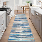 Lansny Modern Abstract Runner Rug 3x8, Blue Washable Kitchen Runner Non-Slip Soft Hallway Rug Runner Thin Print Faux Wool Carpet for Entryway Bedroom Laundry Room Indoor Home Office Decor