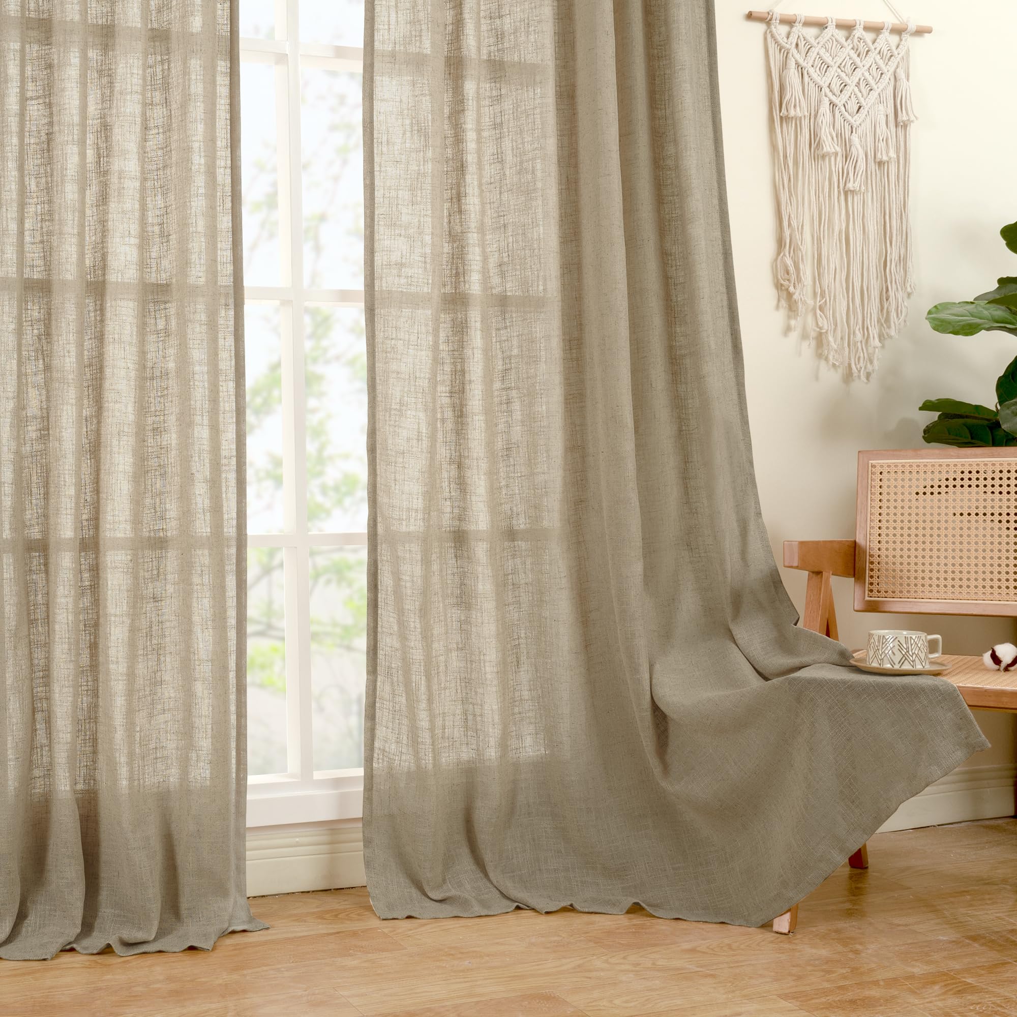 LAMIT Taupe Linen Curtains 90 Inch for Living Room, Semi Sheer Panels