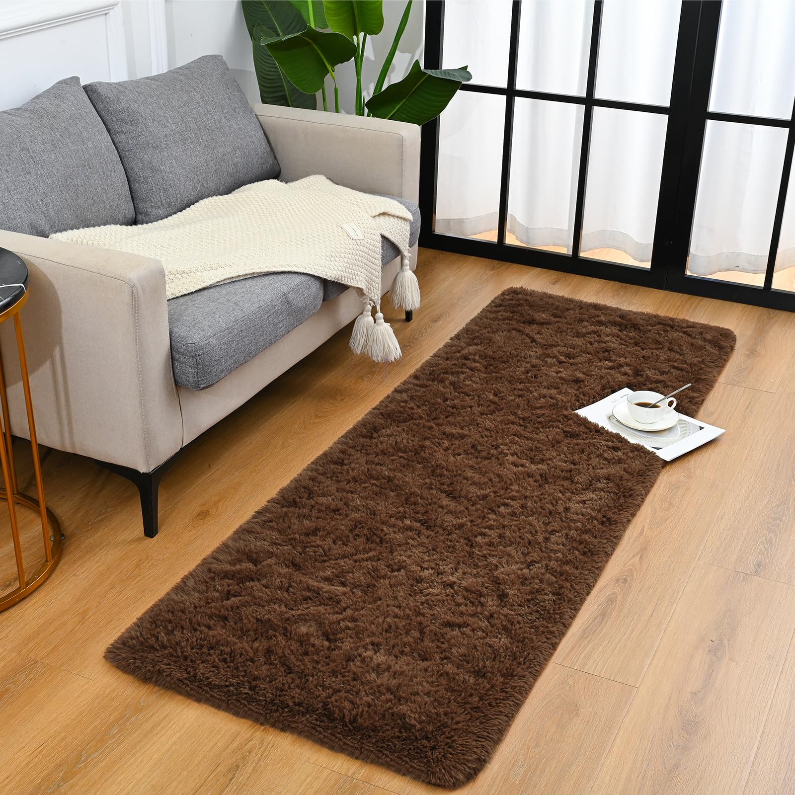 Goideal Fluffy Runner Rug for Bedroom Living Room, 2x6 Brown Bedside Rugs, Faux Fur Shag Modern Carpet Ultra Soft Girls Boys Room Home Decor, Solid