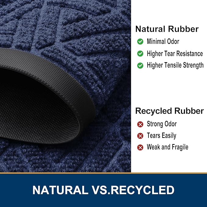 Smiry Front Door Mat Outside Entrance, Heavy Duty Sturdy Natural Rubber Doormat, Trap Dirt and Moisture, Easy Clean Low Profile Mats for Indoor Outdoor Entry, Grid Geometric (29.5x17, Navy Blue)