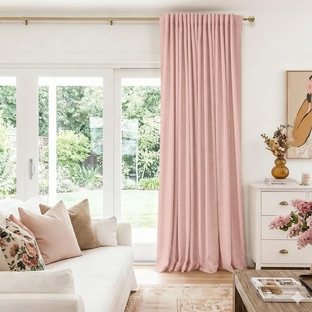 Linen Textured Total Blackout Sliding Door Curtains 90 Inches Long, Blush Pink