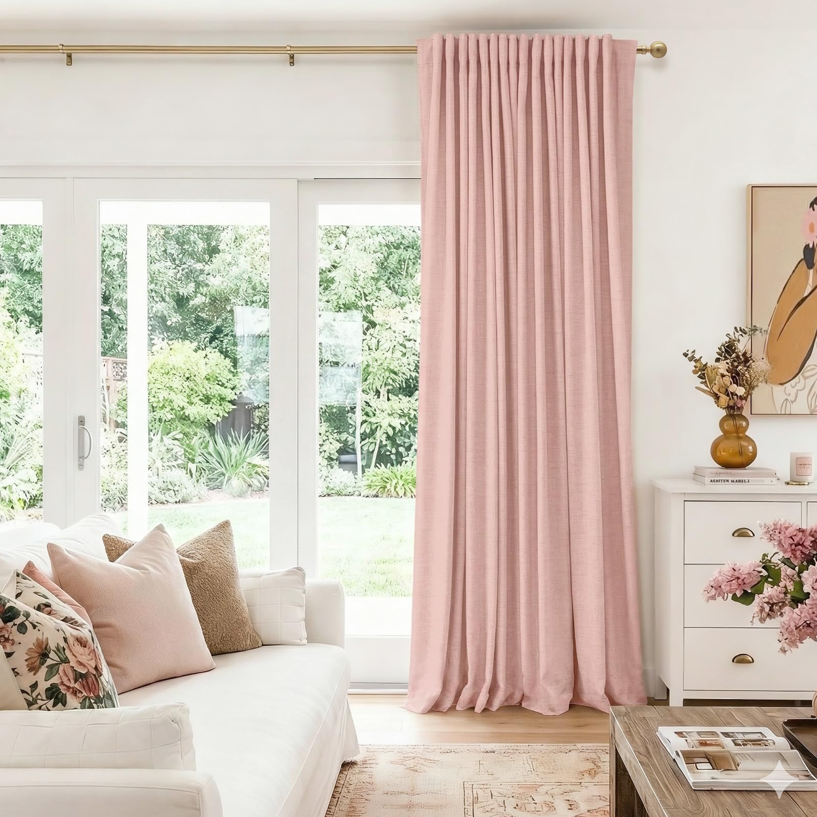 Linen Textured Total Blackout Sliding Door Curtains 90 Inches Long, Blush Pink
