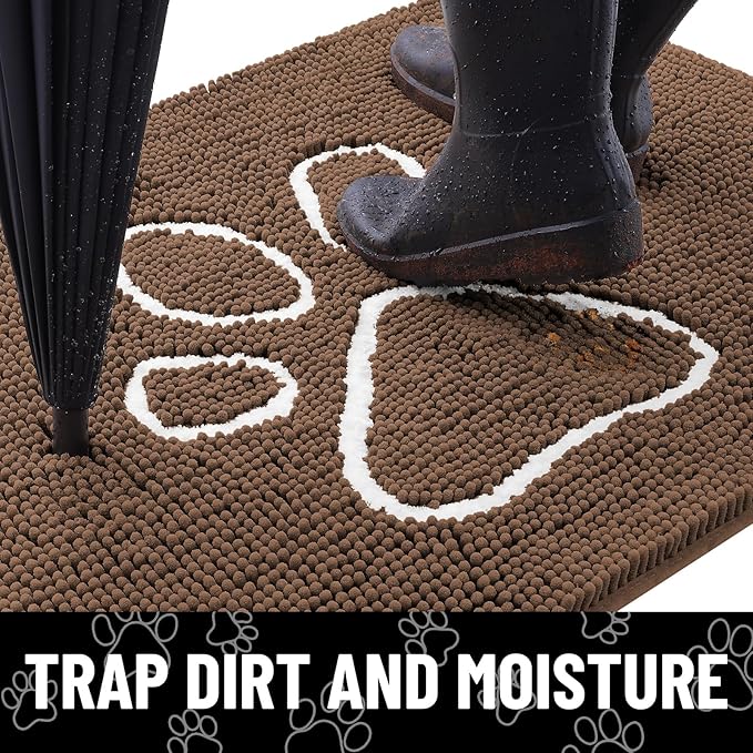 Smiry Dog Door Mat for Muddy Paws, Absorbent Dirt Trapper Non Slip Quick Dry Washable Chenille Mat for Mud Dogs, Entry Rug for Indoor and Outdoor (48x30 Inches, Coffee and White)