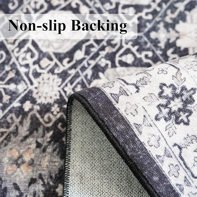 Hallway Washable Runner Rug - 3x10 Kitchen Rugs Entryway Rug Runner Vintage Soft Floor Mat Non Slip Indoor Farmhouse Carpet for Bathroom Living Room Bedroom (3 X 10, Black)