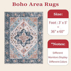 SERISSA Area Rug 3x5 Boho Rugs for Bedroom, Washable Kitchen Rugs Non-Slip, Ultra Soft Print Distressed Tribal Entry Rug Low-Pile Throw Rug Blue Orange Carpet for Bedroom Nursery Living Room Decor