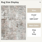 Soalmost 9x12 Area Rugs for Living Room, Non Slip Machine Washable Vintage Rugs, Low Pile Lightweight Large Rug for Bedroom, Dining Room, Home Office Grey Pink
