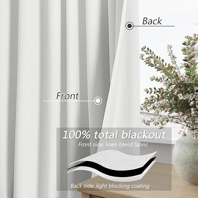 Guken White 100% Blackout Linen Curtains 40 Inch Wide by 96 Inch 2 Panels Set for Living Room Bedroom Back Tab Thermal Insulated Black Out Drapes Room Darkening Window Curtains