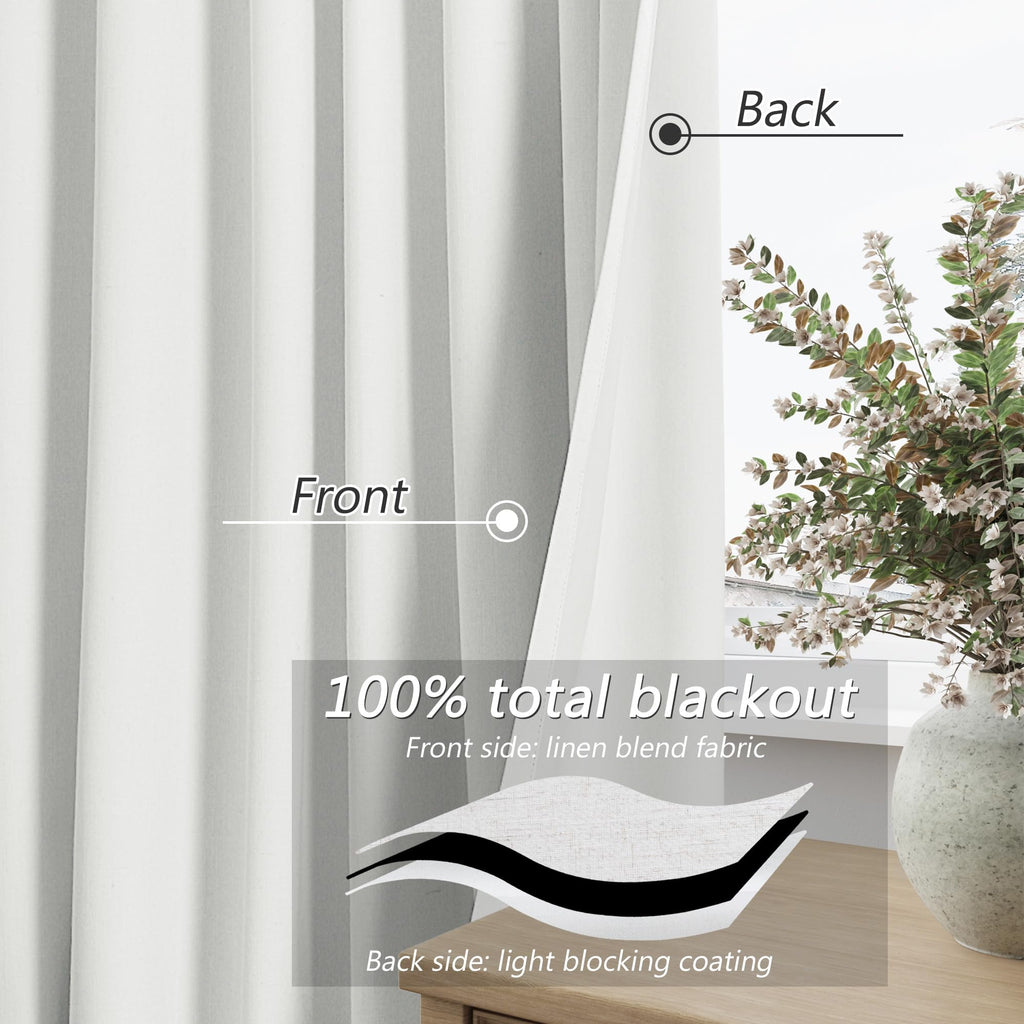 Guken Off White 100% Blackout Curtains 108 Inch Length 2 Panels Set for Living Room Bedroom Back Tab Thermal Insulated 100% Black Out Linen Drapes Room Darkening Window Curtains 52x108