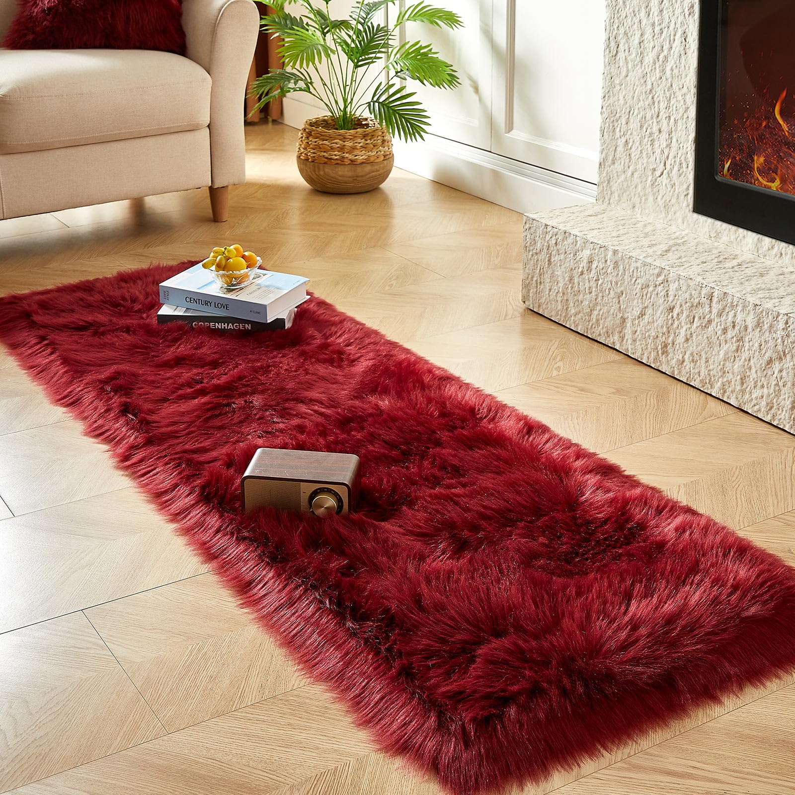 AMTOVO Faux Fur Rug, Burgundy Ultra Soft Fluffy Shag Sheepskin Rug, 2 x 6 ft Runner Area Rugs for Bedroom Sofa Throw Cushion Room Decor, Rectangle