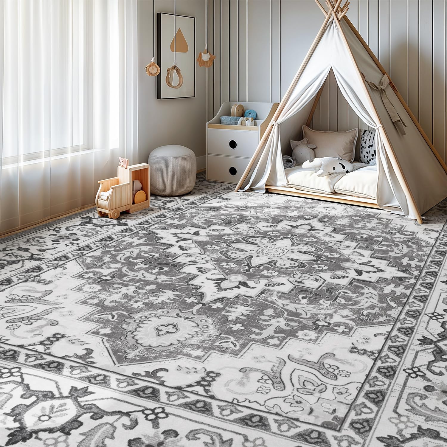 Lofus 6x9 Area Rugs for Living Room Bedroom, Soft Boho Carpet Floral Grey