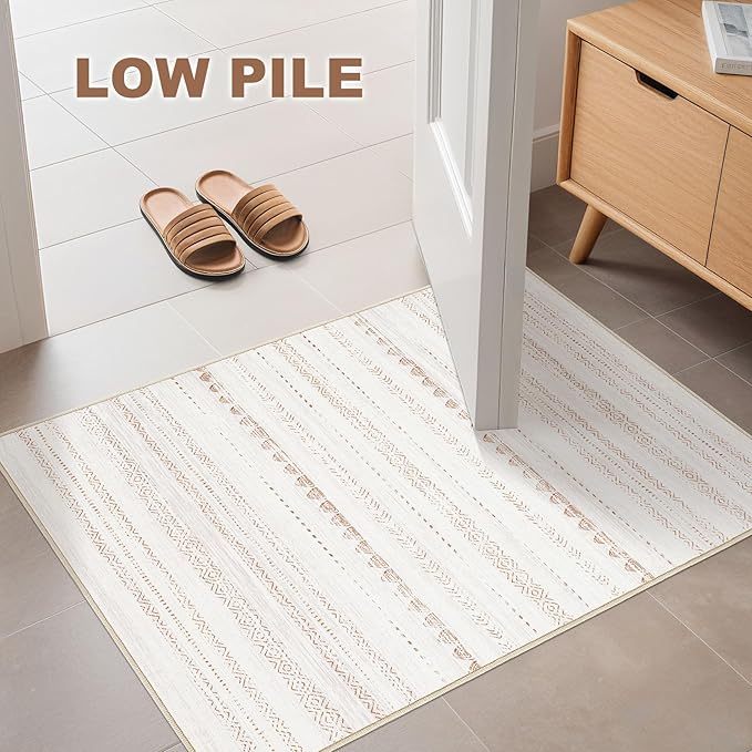 Nakagishi Boho 2x3 Washable Area Rug Non Slip Carpet for Entryway Beige