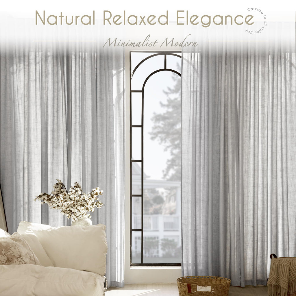 Linen Blend Grey Curtains for Living Room Back Tab Modern Farmhouse Semi Sheer Light Gray Curtains 108 inches Long 2 Panels Set Muted Neutral Cotton Texture Window Curtain for Dining Room Bedroom