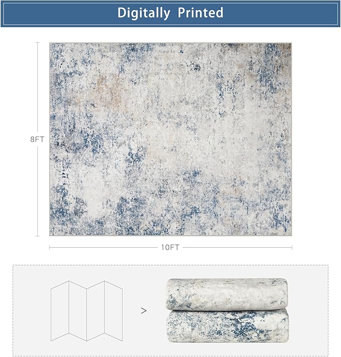 Washable Rugs 8x10 Area Rugs for Living Room,Modern Abstract Rugs for Bedroom,Large Carpets,Ultra Soft Faux Wool Retro Dining Room Rug,Non Slip&Non-Shedding Low Pile Print Rug- Blue Beige