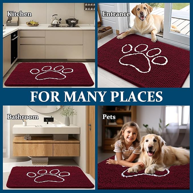 OLANLY Dog Door Mat for Muddy Paws 36x24, Paw Print Design, Absorbs Moisture and Dirt, Absorbent Non-Slip Washable Doormat, Quick Dry Chenille Mud Mat for Dogs, Entry Indoor Entryway Carpet, Burgundy