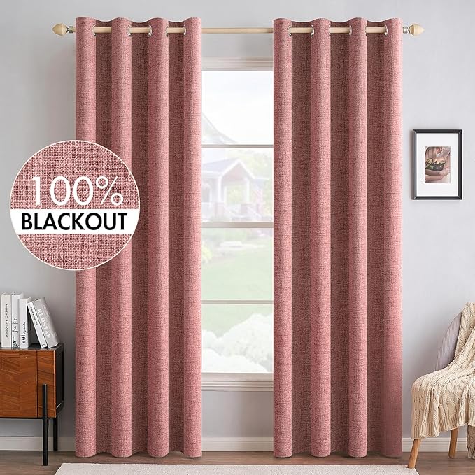 MIULEE 100% Blackout Linen Curtains for Bedroom 52x84 Inches Dusty Rose