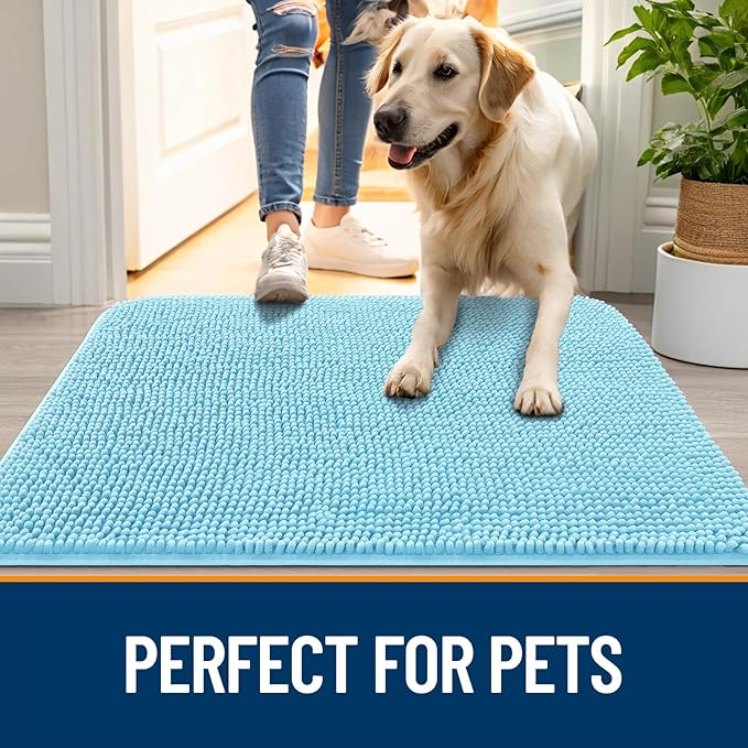 OLANLY Dog Door Mat for Muddy Paws 30x17, Absorbs Moisture and Dirt, Absorbent Non-Slip Washable Doormat, Quick Dry Chenille Mud Mat for Dogs, Entry Indoor Entryway Carpet for Inside Floor, Blue