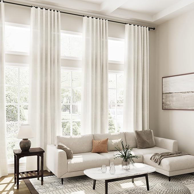 Cream Linen Curtains 129 Inches Long for Living Room Extra Long Back Tab Curtains Neutral Farmhouse Light Filtering Semi Sheer Linen Drapes Ceiling to Floor for Large Window 2 Panels Set 52x129