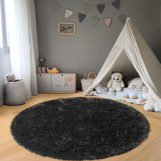 ONASAR Black Round Rugs 8ft for Living Room, Fluffy Bedroom Circle Area Rug, Soft Plush Fuzzy Shaggy Carpet Mat for Kids Girls Boys Teen Nursery Dorm Classroom Home Office Decor Aesthetic