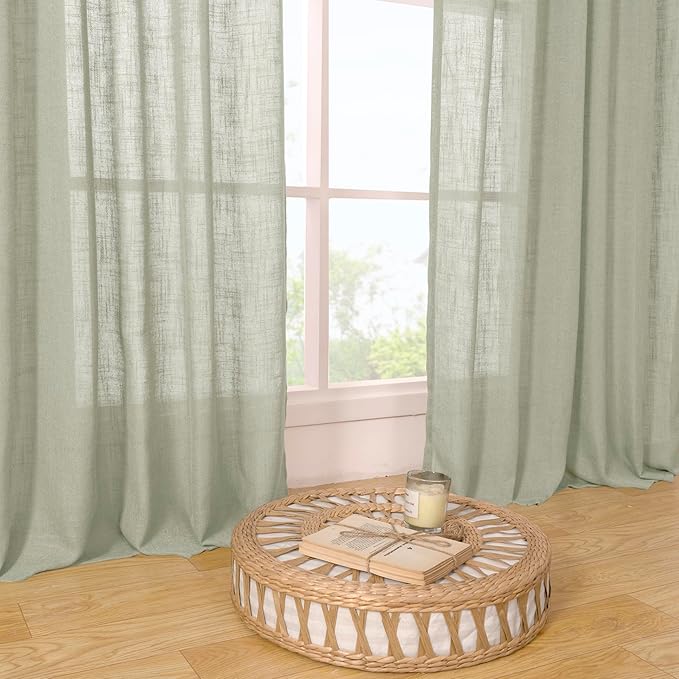 LAMIT Sage Grey Linen Curtains 90 Inch for Living Room, Semi Sheer Panels
