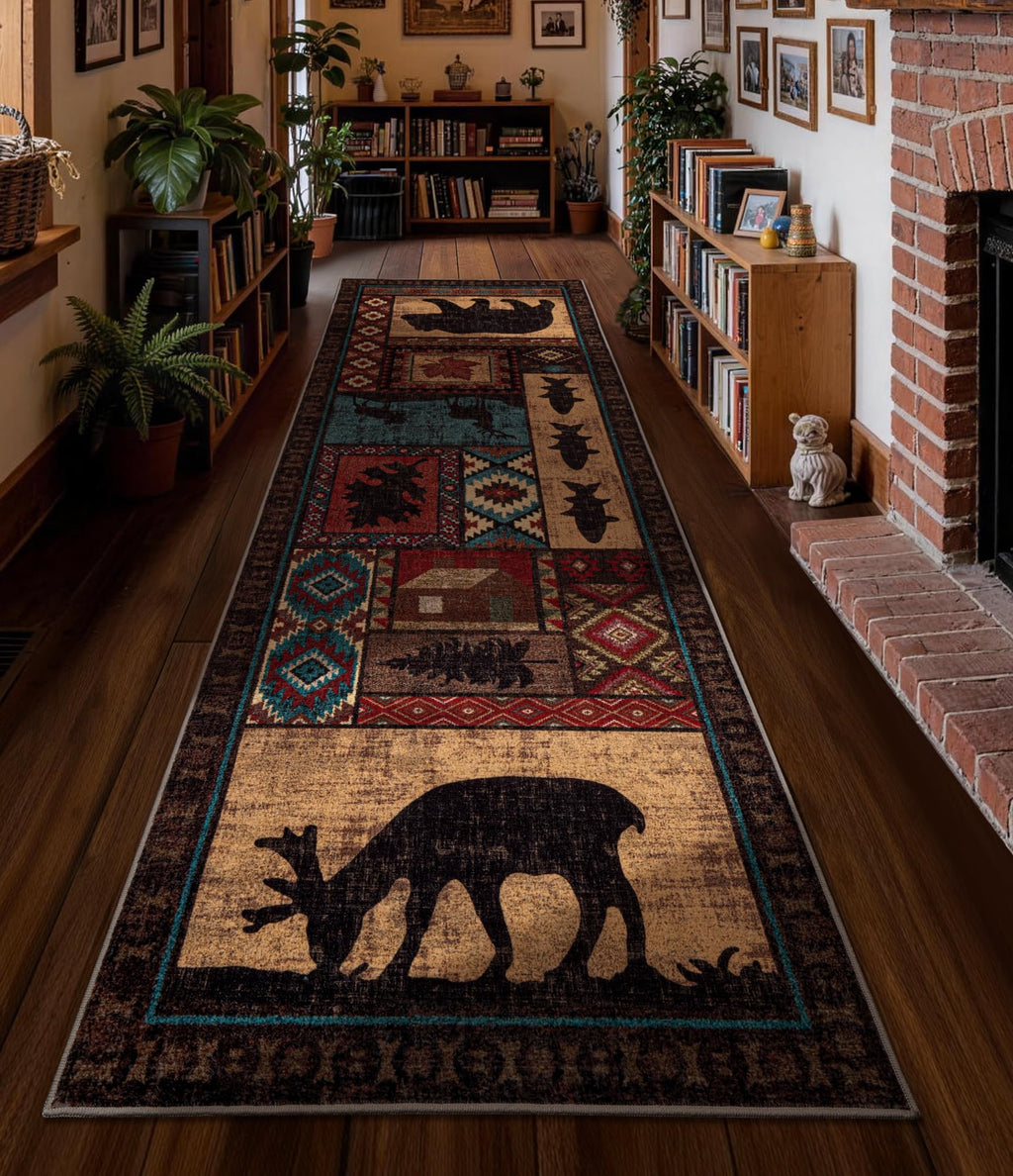 Rustic Cabin Hallway Runner Rug 2'8"x8' - Bear Washable Rug, Non-Slip Low Pile Soft Farmhouse Carpet, Southwestern Wildlife Print Floor Runner Rugs for Kitchen, Entryway, Laundry, Bedroom