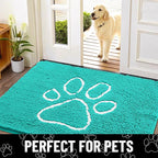 Smiry Dog Door Mat for Muddy Paws, Absorbent Dirt Trapper Non Slip Quick Dry Washable Chenille Mat for Mud Dogs, Entry Rug for Indoor and Outdoor (59x35 Inches, Turquoise and White)