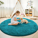 OLANLY Teal Round Rugs for Bedroom - Machine Washable, 8 ft Circle Area Rugs for Living Room, Soft and Fluffy Shaggy Carpet for Teen Girl and Boys, Nursery Rooms, Dorms, Home Decor Aesthetic