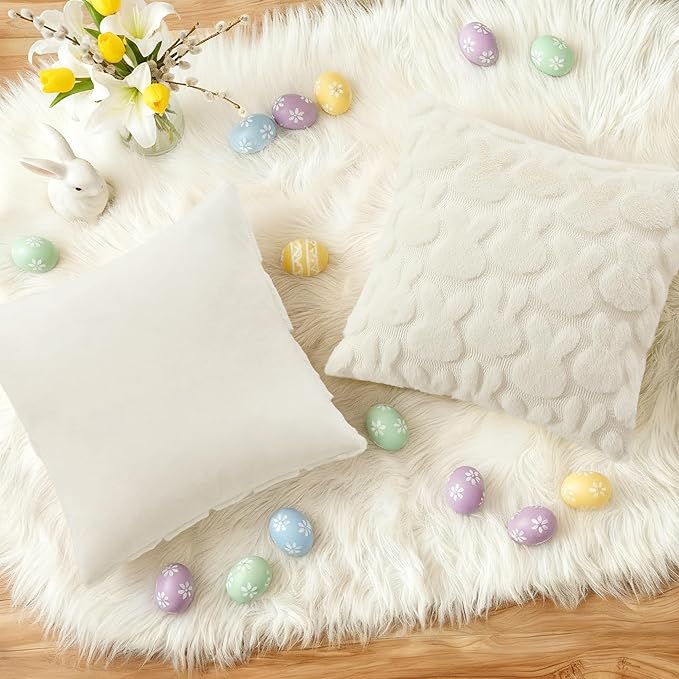 decorUhome Cream White Faux Fur Bunny Throw Pillow Covers 16x16 Set of 2