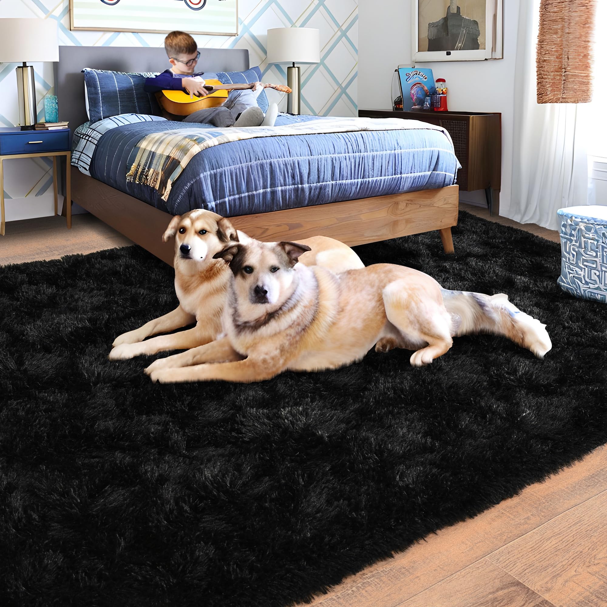 Quntue 8x10 Area Rugs for Living Room, Ultra Soft Large Shag Black Bedroom Rug Upgrade Non-Slip Plush Modern Fluffy Carpet for Kids Boys Girls Room Home Decor Aesthetic