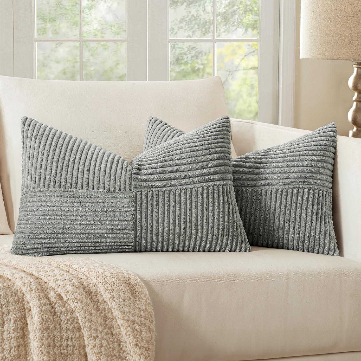 MIULEE Silver Grey Decorative Lumbar Throw Pillow Covers 12x20 Inch for Couch Bed Sofa Pack of 2 Boho Farmhouse Throw Pillows Soft Cross Corduroy Patchwork Textured Cushion Cases