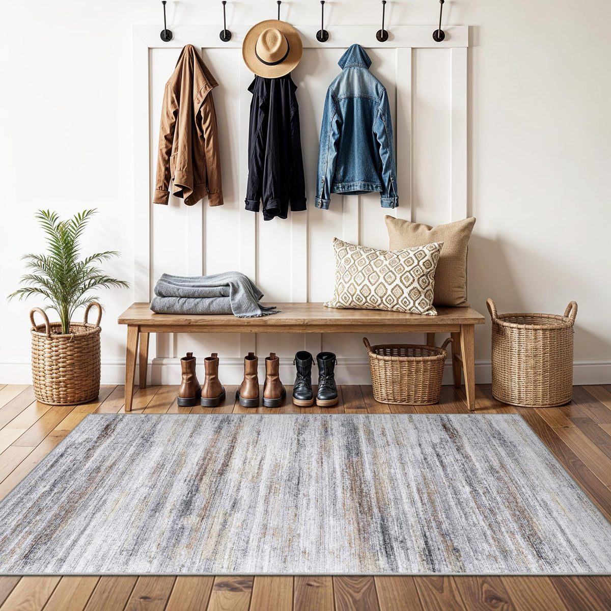 3x4 Rugs Washable Entry Rug: Easy-to-Clean Carpets for Large Entryway Hallway Kitchen Bedroom - Stain and Water Resistant Carpet with Non-Slip Backing - Soft Low-Pile Door Mat Beige Grey