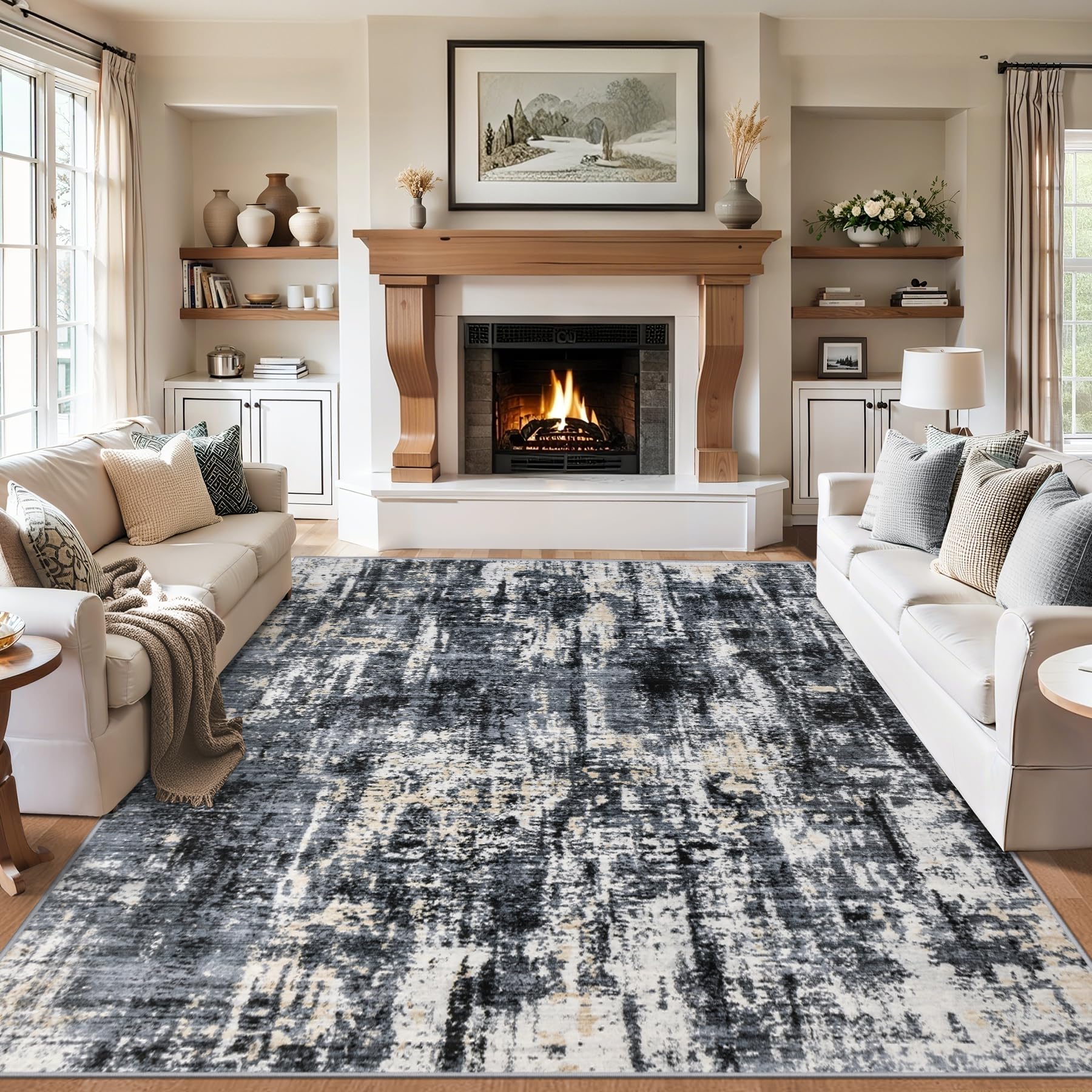 PLHXFR 10x14 Area Rug Living Room: Abstract Washable Carpet Black Gold