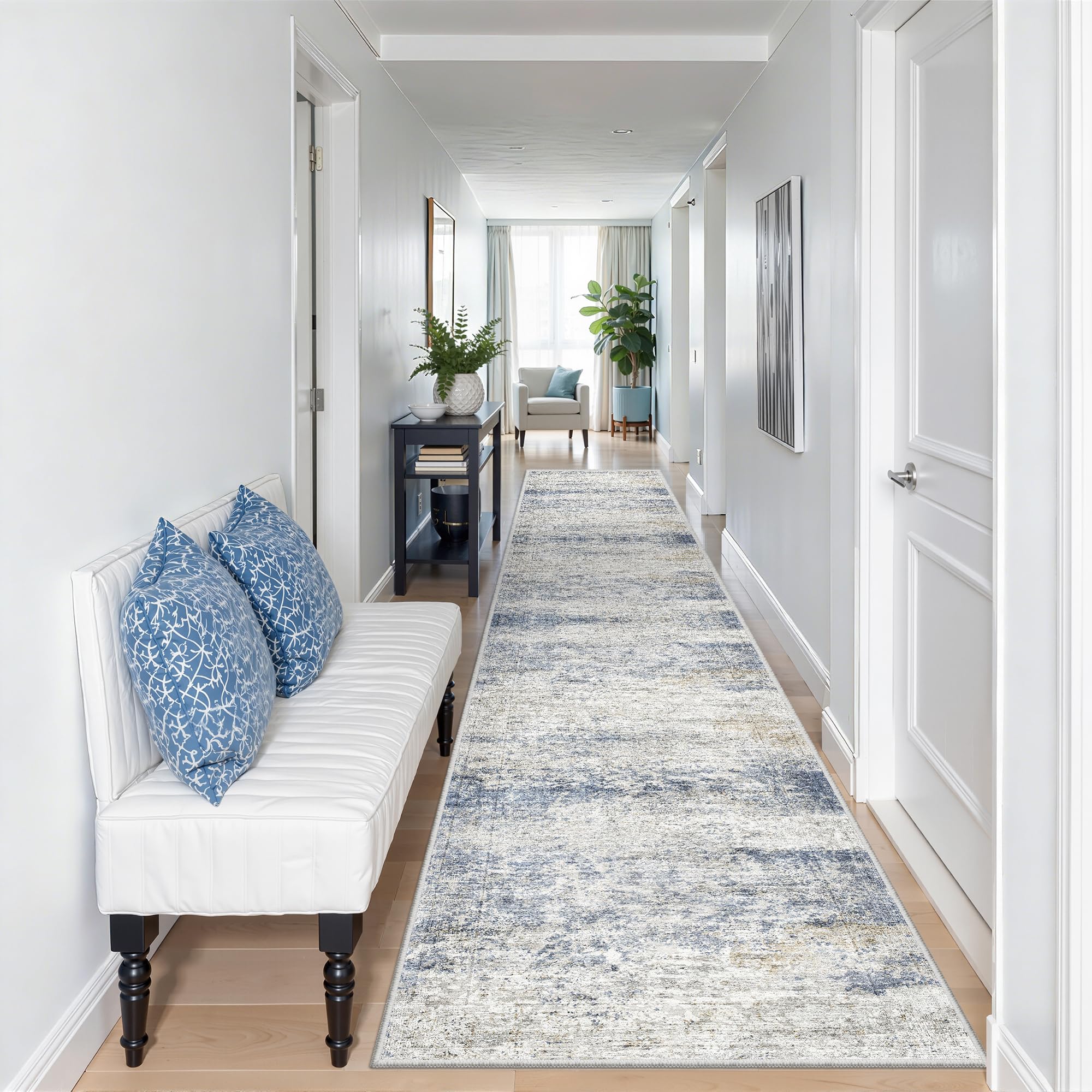 Restydon 2x12 Runner Rug Non Slip,Washable Hallway Runner Rug,Blue