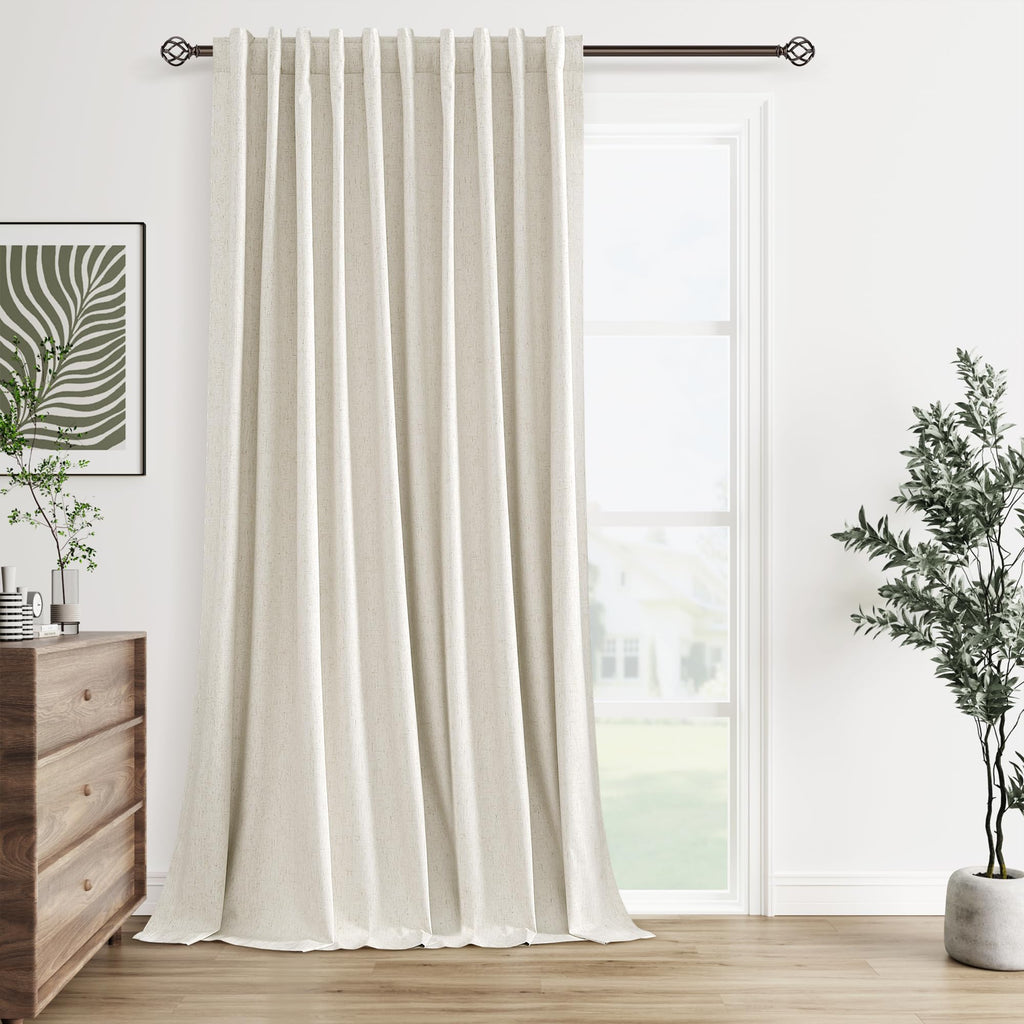 Guken Extra Wide 100% Blackout Linen Curtains for Bedroom 96 Inch Long Ceiling to Floor 8 FT Natural Cream Black Out Curtain Back Tab Room Darkening Window Drapes 1 Pane Beige Ivory 60x96