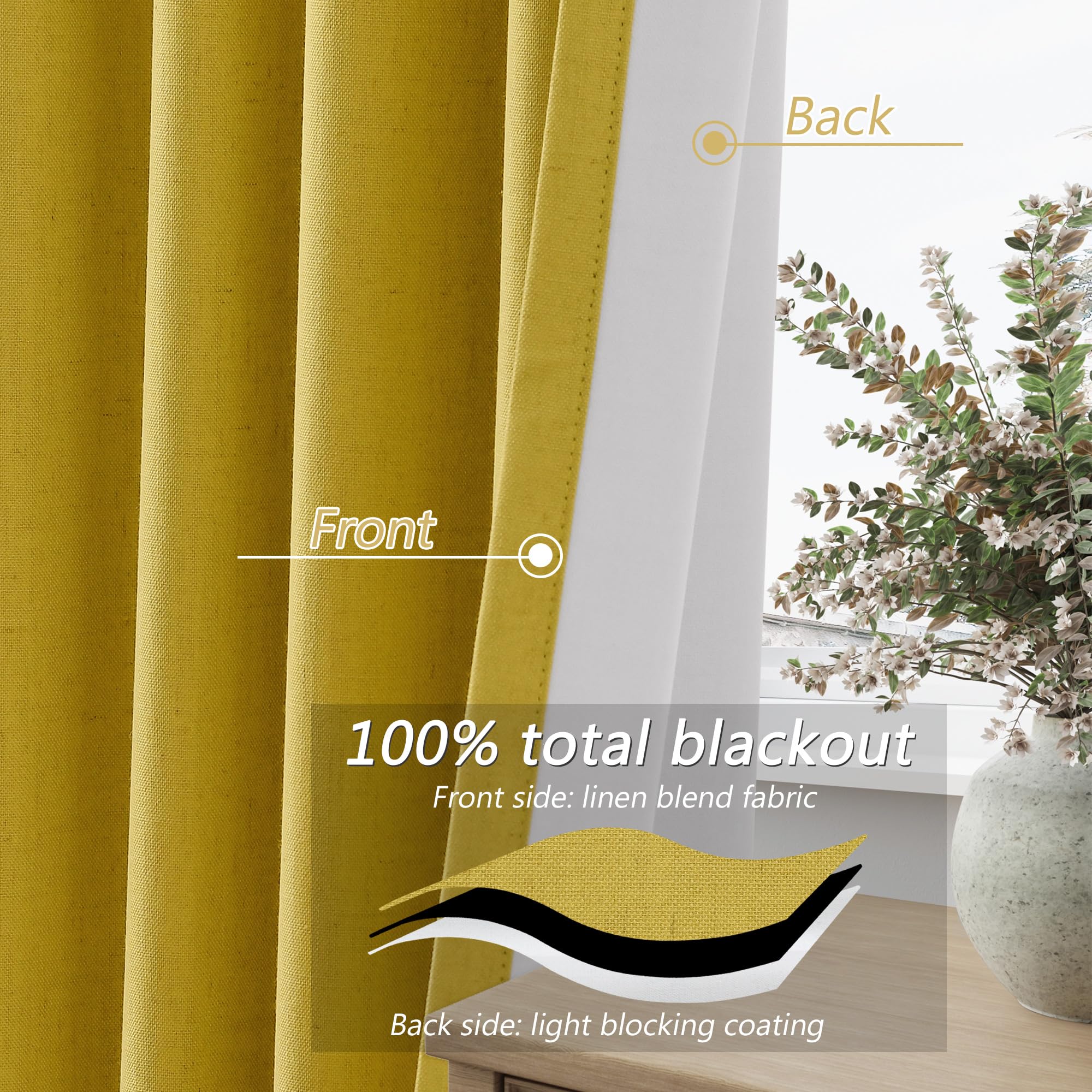 Guken 100% Blackout Curtains 84 Inch Length 2 Panels Set for Living Room Bedroom Back Tab Thermal Insulated Black Out Linen Drapes Room Darkening Celery Yellow,52x84