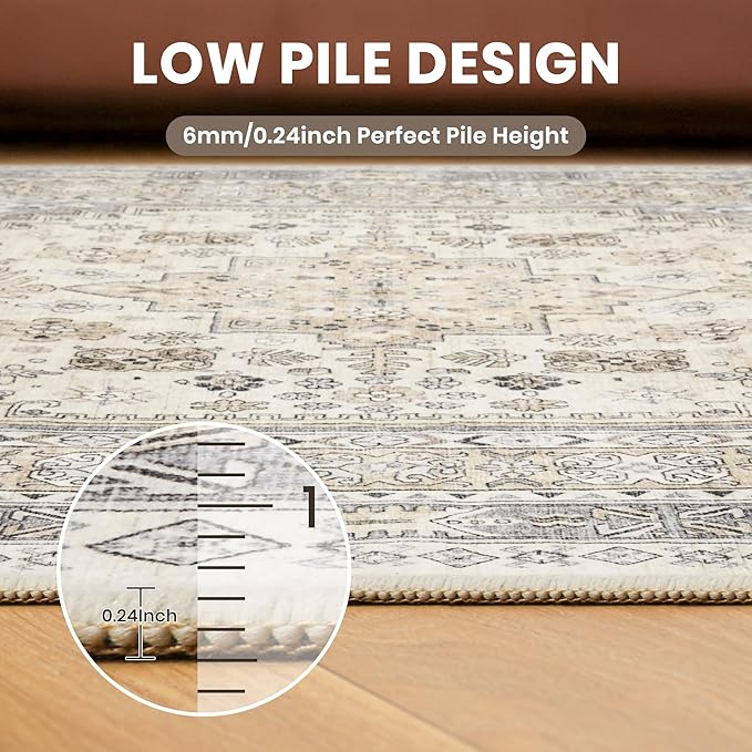 zesthome 9ft Round Rugs for Living Room, Non-Slip Washable Round Area Rugs, Ultra-Thin Large Circle Rugs, Soft Low Pile Rug for Bedroom, Kitchen - Vintage Stain Resistant Round Rug (Beige,9'x9')